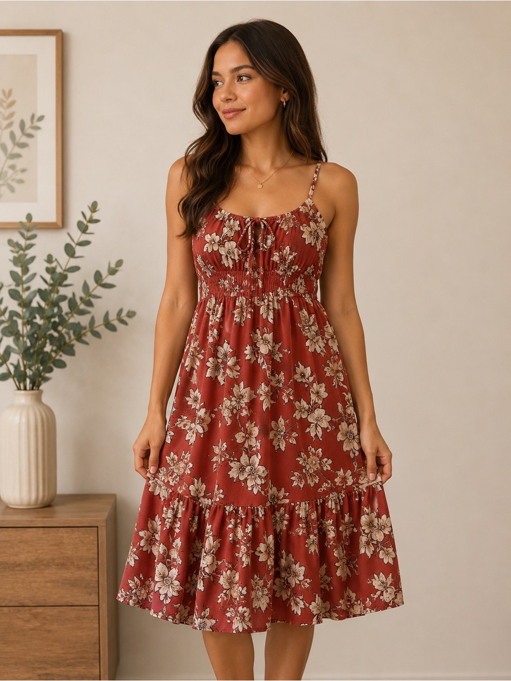 Inspired Heart Floral Rust Midi Dress Size M
